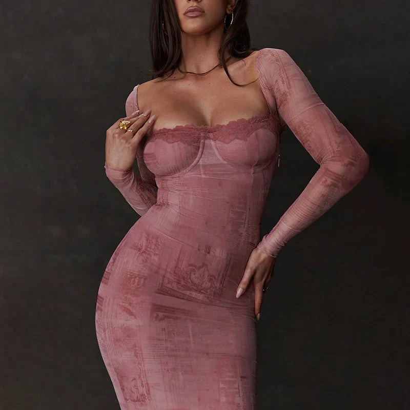 Clodi - Rosé Mesh Figuurjurk